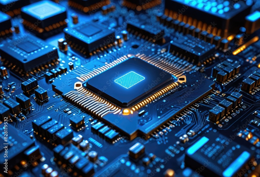 futuristic computer chip set against a backdrop of dark circuit boards with electric blue energy pulses. futuristic computer chip set against a backdrop of dark circuit boards with electric blue energy pulses.