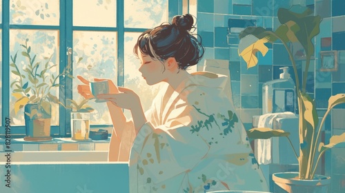 A charming illustration featuring a girl in a cozy bathrobe