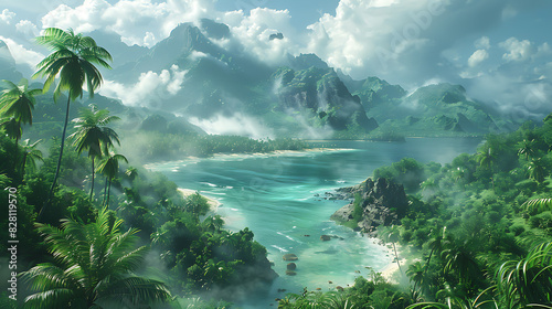 illustration of mythical island paradise hidden within dense fog lush jungles pristine beaches ancient ruins holding key untold treasures ancient mysteries waiting be uncovered by intrepid explorers