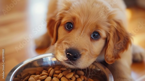 adorable puppy eagerly awaiting delicious kibble dinner in shiny bowl cute pet photography