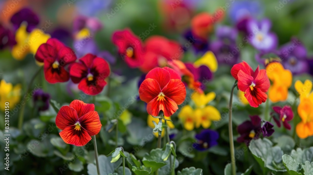 Red flowers in a patch of flame colored violets
