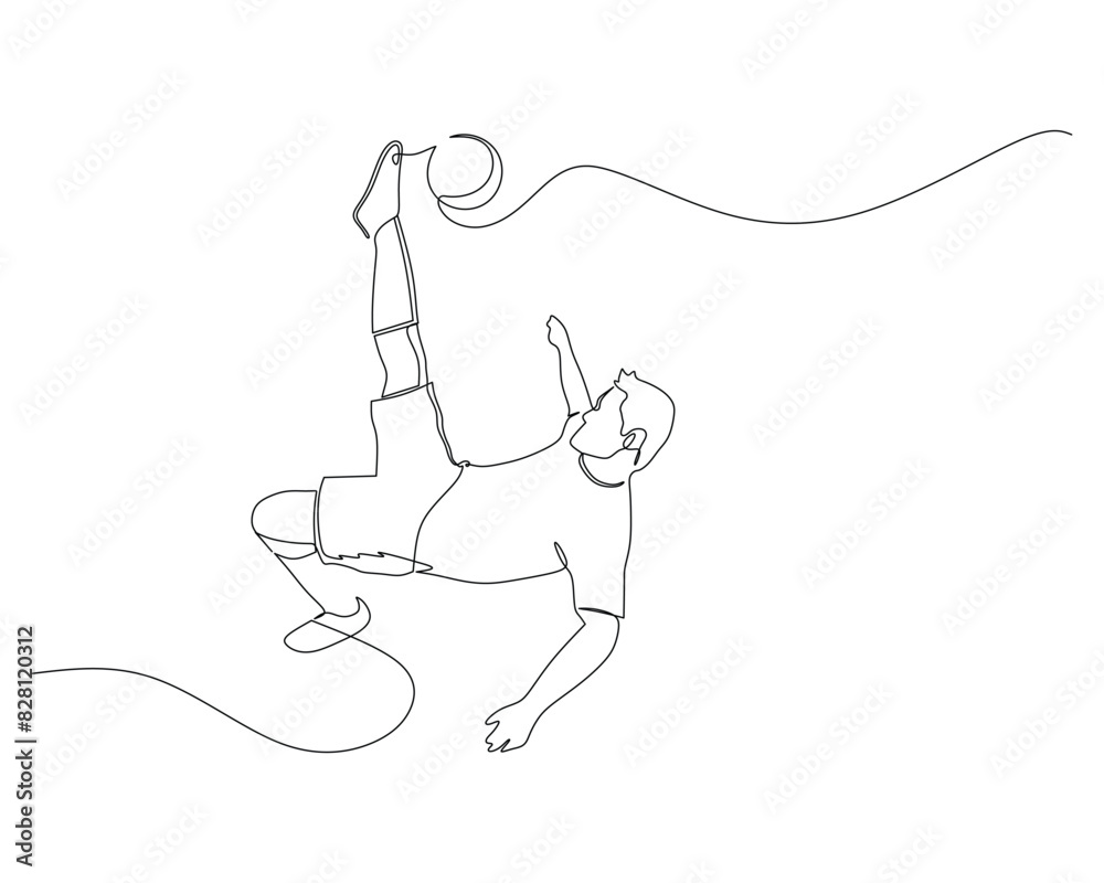 Continuous single line drawing of The football player backflips the ball and creates a goal. footbal tournament event design illustration Continuous single line drawing of The football player backflips the ball and creates a goal. footbal tournament event design illustration