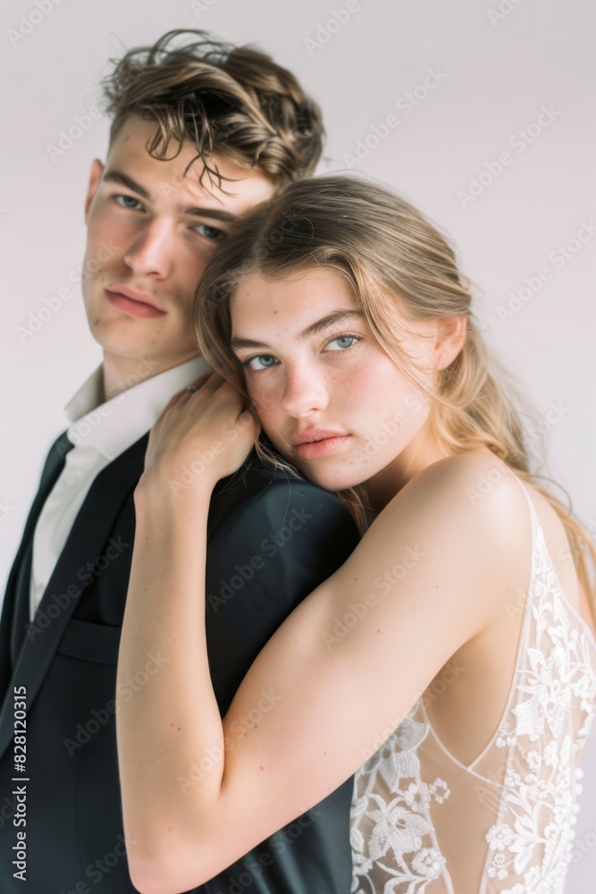 A beautiful couple's wedding dress, the woman standing and hugging the man from behind the woman's head resting on the man's shoulder, the woman's hand covering her face, portrait shot, head in focus, A beautiful couple's wedding dress, the woman standing and hugging the man from behind the woman's head resting on the man's shoulder, the woman's hand covering her face, portrait shot, head in focus,