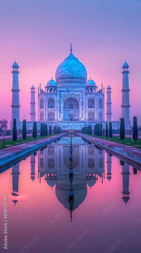 Obraz premium Timeless historical landmark of the Taj Mahal at dawn, its white marble glowing softly, reflected in the tranquil water of the reflecting pool