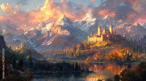 illustration of a mythical kingdom ruled by powerful sorcerers with magical citadels ancient libraries and enchanted forests protected by spells wards and mystical guardians