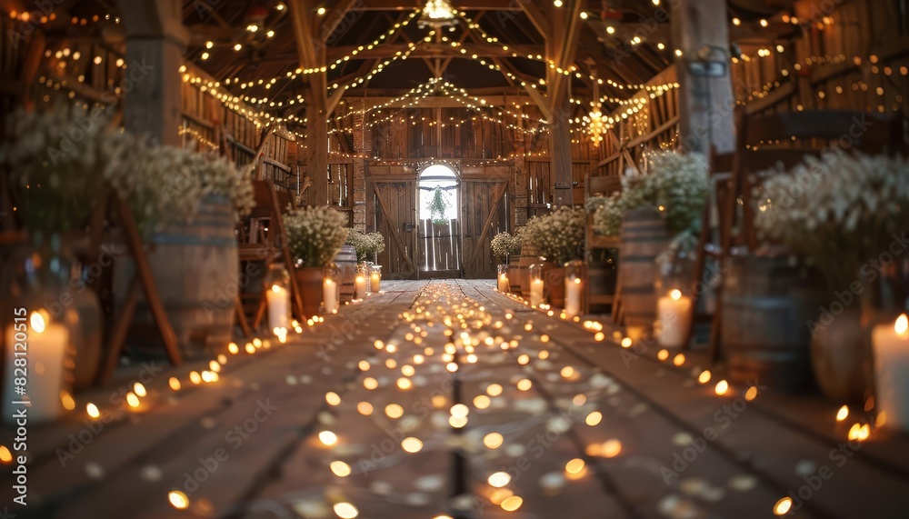 Traditional wedding ceremony in a rustic barn, adorned with fairy lights and rustic decor, creating a warm and enchanting atmosphere Traditional wedding ceremony in a rustic barn, adorned with fairy lights and rustic decor, creating a warm and enchanting atmosphere