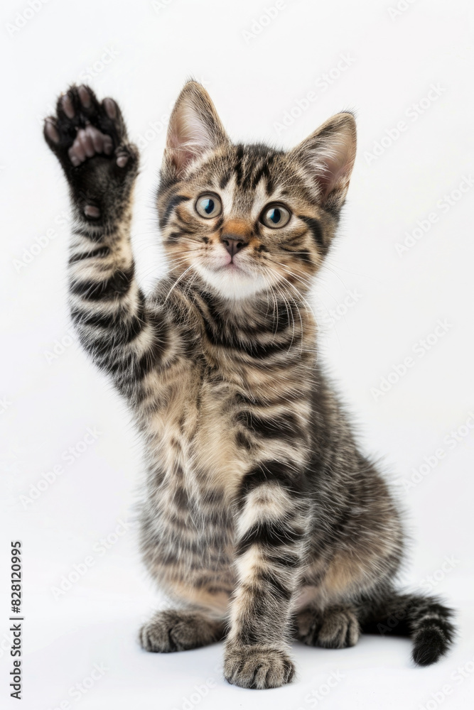 Cute American Shorthair Tabby Cat cute pose sitting raising one hand paw isolated on white background Cute American Shorthair Tabby Cat cute pose sitting raising one hand paw isolated on white background