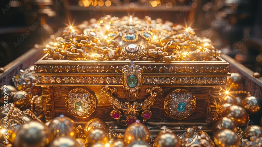 Opulent treasure chest overflowing with gold and gems, warm lighting, front angle, dark backdrop Opulent treasure chest overflowing with gold and gems, warm lighting, front angle, dark backdrop