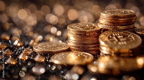 Shiny gold coins and sparkling diamonds, soft shadows, close-up, black background