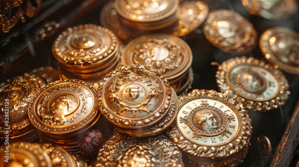 Pile of luxurious jewels and gold coins, soft light, top-down view, black velvet background Pile of luxurious jewels and gold coins, soft light, top-down view, black velvet background