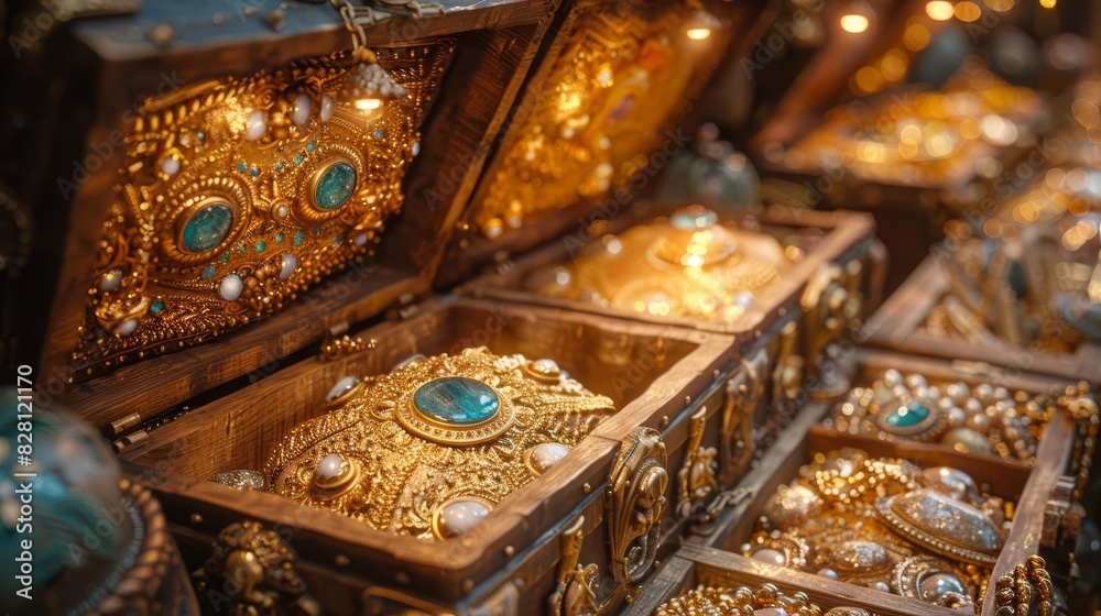 Treasure chest with gold and jewels, spotlighted, eye-level angle, dark velvet background Treasure chest with gold and jewels, spotlighted, eye-level angle, dark velvet background