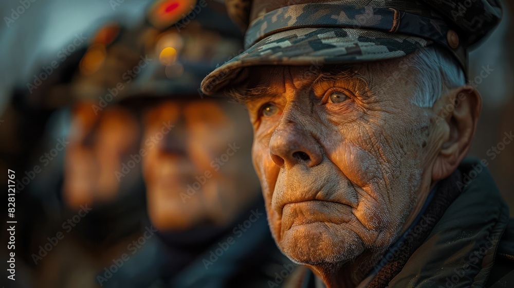 Elderly veterans in a line, saluting, flag in the background, golden hour, medium shot, warm tones, respectful atmosphere, copy space above Elderly veterans in a line, saluting, flag in the background, golden hour, medium shot, warm tones, respectful atmosphere, copy space above