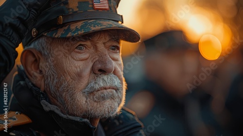 Elderly veterans in a line, saluting, flag in the background, golden hour, medium shot, warm tones, respectful atmosphere, copy space above