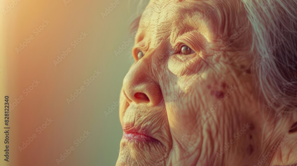Show a senior receiving care with a caregiver, captured from a unique tilted perspective Emphasize a warm, inviting atmosphere against a plain pastel background
