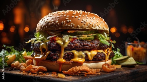 hamburger full of meat and vegetables and melted mayonnaise on a wooden table and blurred background