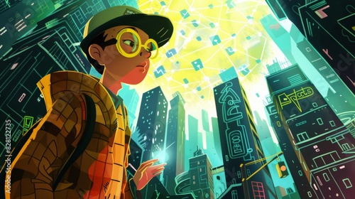 A young detective solving mysteries in a bustling cityscape with hidden clues