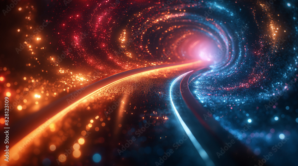 Fototapeta premium Futuristic fast lights with red and blue colors curved in space time.