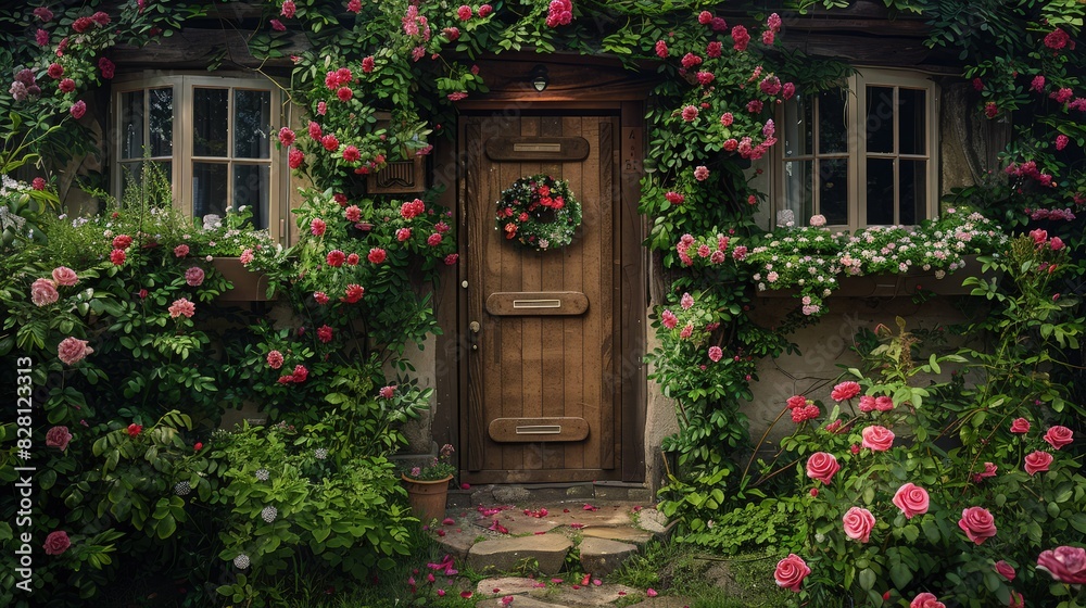 Fototapeta premium An old wooden door is framed by lush climbing roses and flowering plants on a stone cottage exterior for use in gardening and travel focused marketing materials.