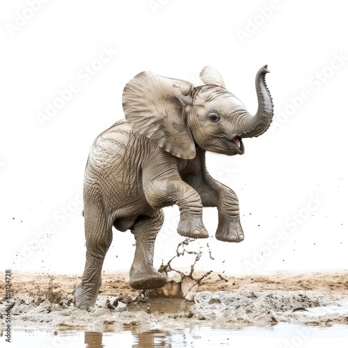 A majestic elephant calf frolicking in a muddy watering hole  its trunk raised in a playful gesture isolated on white background  