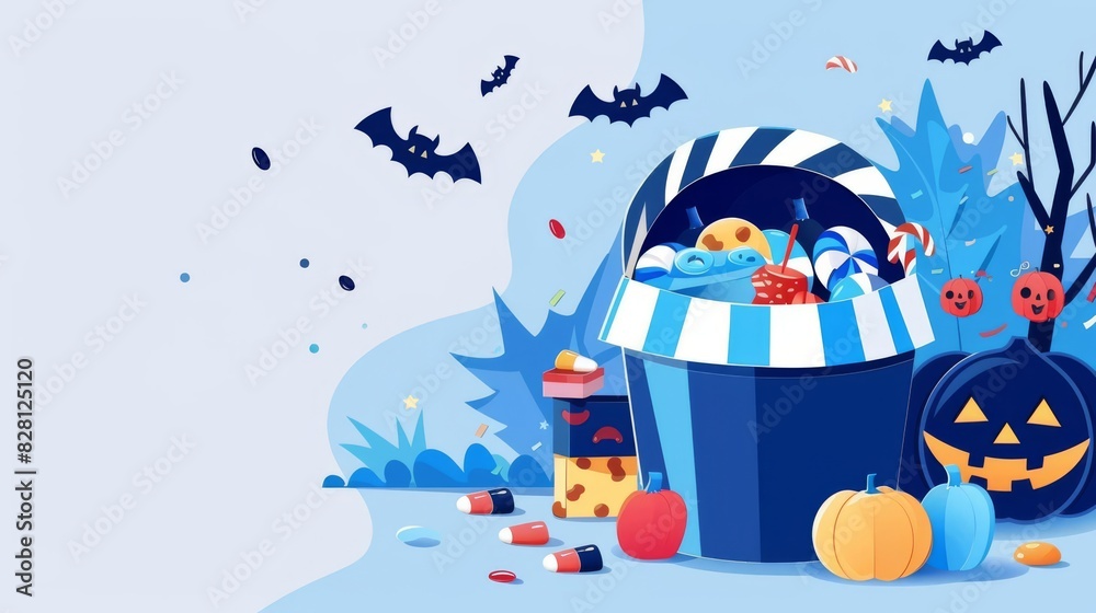 Obraz premium Design a vibrant close-up image of a vibrant candy-filled trick-or-treat bucket, overflowing with treats, set against a festive Halloween backdrop, with space for text overlay