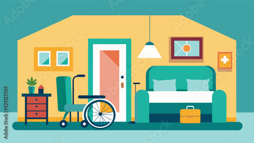 A guest room on the main floor eliminating the need to navigate stairs for visitors with mobility challenges.. Vector illustration