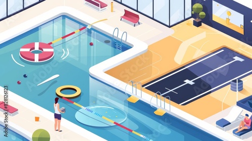 Illustrate a panoramic view of a vibrant swimming pool for exercise, featuring a flat design with a spacious copy area against a dynamic background