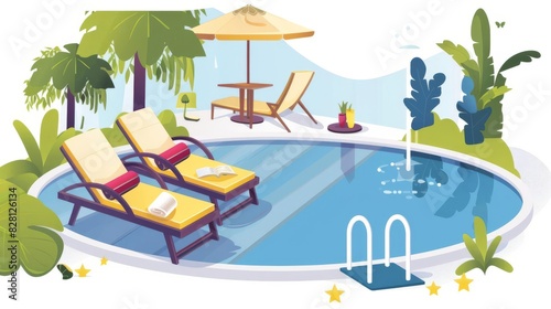 Design a tranquil Poolside Relaxation setting from behind with a Flat illustration approach, featuring a room for additional text
