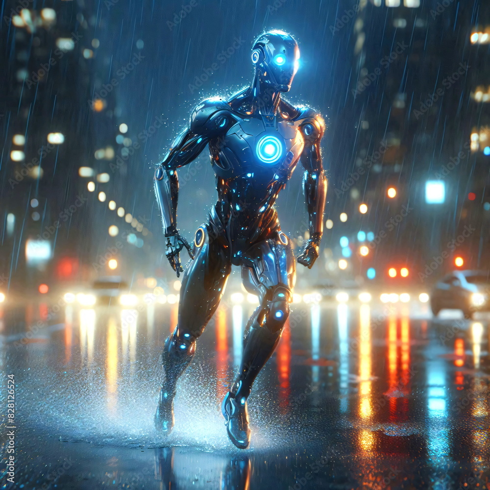 Naklejka premium Front view of rain-soaked futuristic robot running through city street with vibrant neon reflections. Cyberpunk and science fiction concept. Robot running in city street in rain.