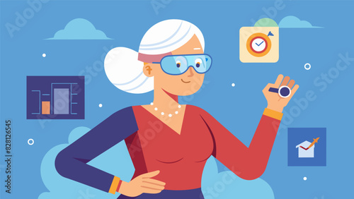 A woman in her 60s checks the data on her smart glasses which track her activity levels and give her reminders to take breaks and stretch when shes been sitting for too long.. Vector illustration