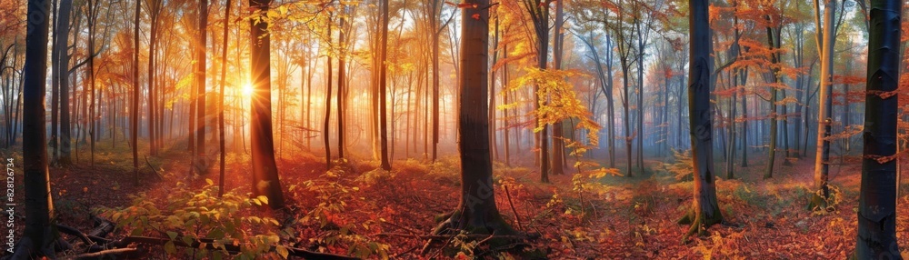 Sunbeams Through Autumn Forest in Morning Mist