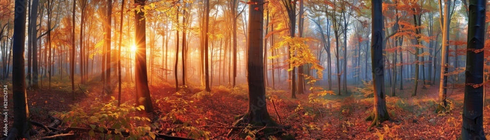 Obraz premium Sunbeams Through Autumn Forest in Morning Mist