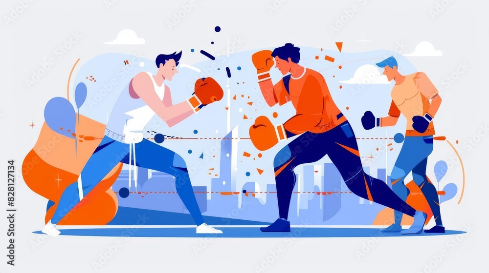 Illustrate a shadowboxing session with energetic warm-up drills, emphasizing the trainers focus and the fighters determination against a solid pastel backdrop