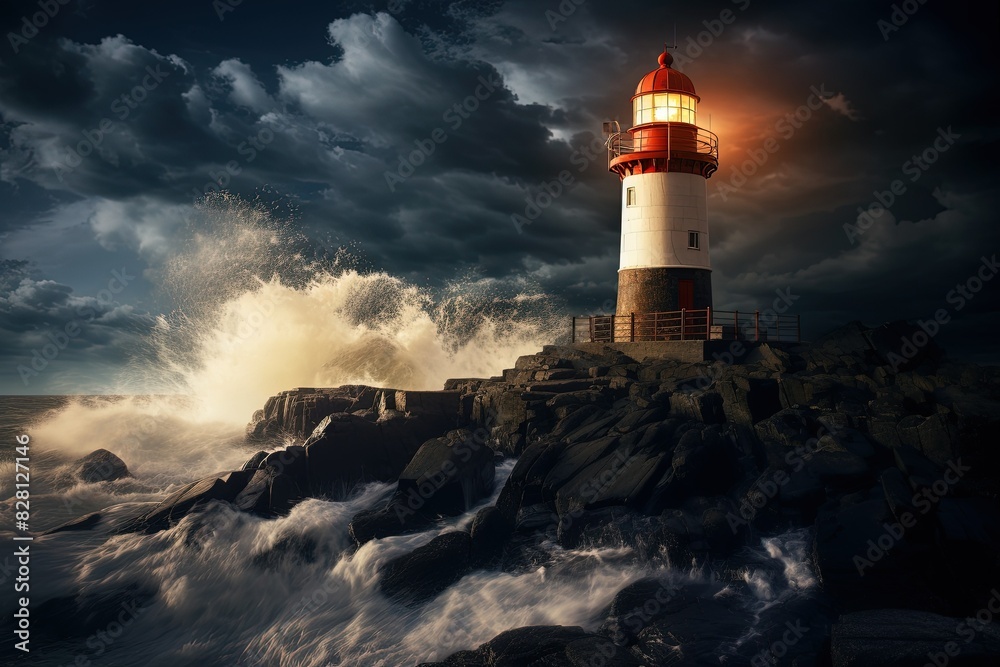 a lighthouse on top of a rocky cliff under a cloudy sky