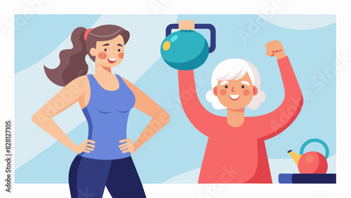 A woman in her 70s confidently lifting a kettlebell her trainer cheering her on and ensuring she maintains proper form.. Vector illustration