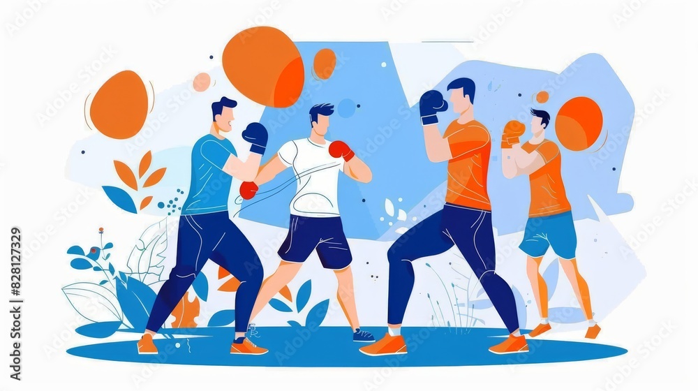 Fototapeta premium Illustrate a shadowboxing session with energetic warm-up drills, emphasizing the trainers focus and the fighters determination against a solid pastel backdrop