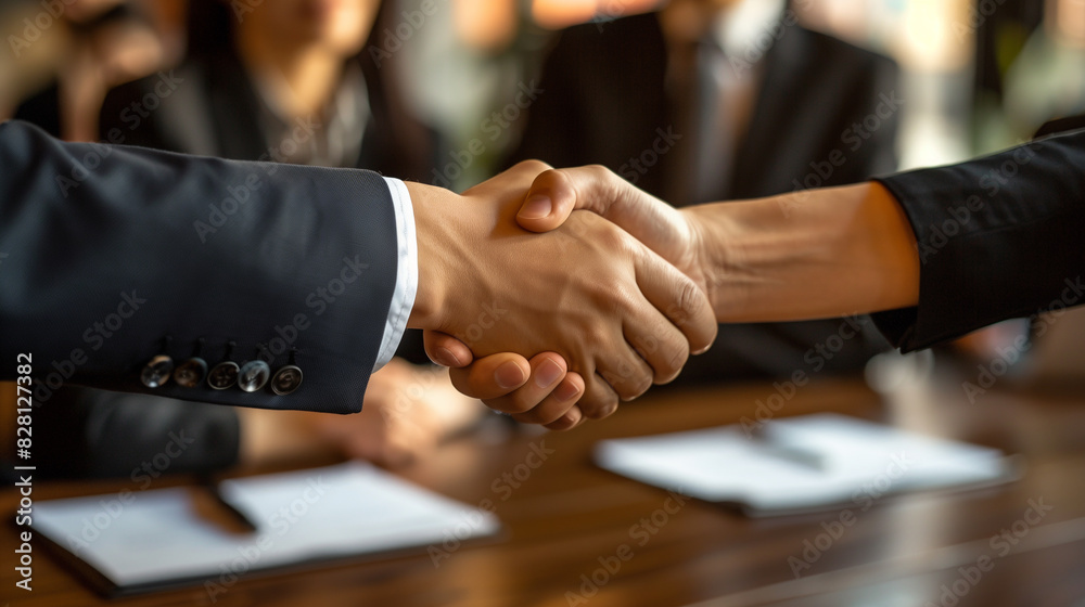 A handshake between two people in suits A handshake between two people in suits
