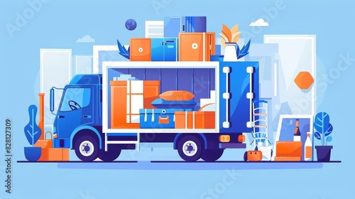 Develop a detailed oil painting of a vintage loading truck carrying various belongings, captured at eye-level angle, surrounded by a serene plain pastel solid background