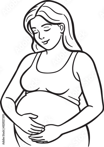 pregnant woman holding her belly black and white illustration