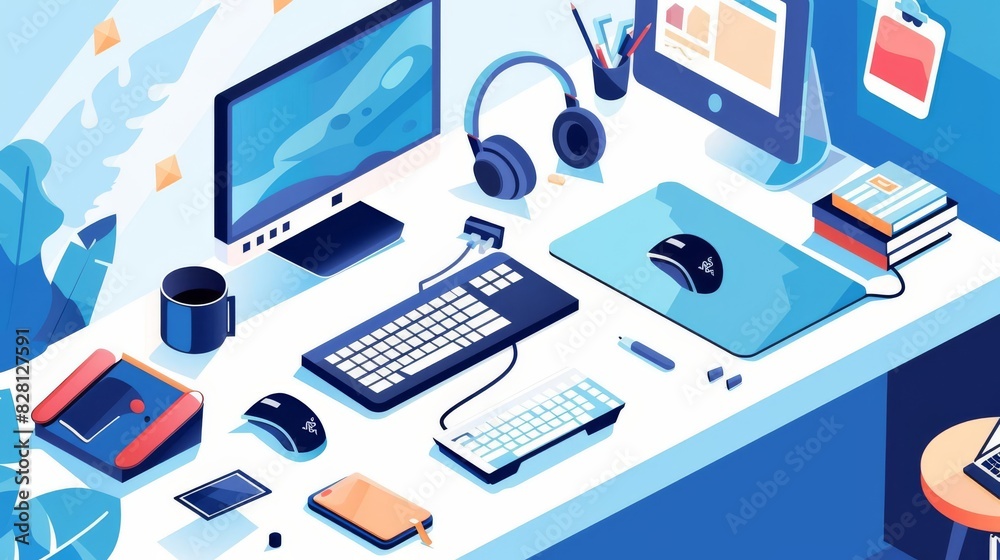 Design a wide-angle shot of a gaming desk with neatly arranged controllers, mouse, keyboard, and headset, against a soft pastel backdrop for copy space Design a wide-angle shot of a gaming desk with neatly arranged controllers, mouse, keyboard, and headset, against a soft pastel backdrop for copy space
