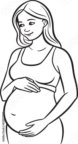 pregnant woman holding her belly black and white illustration