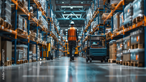 A worker in a safety vest walks through a warehouse filled with boxes