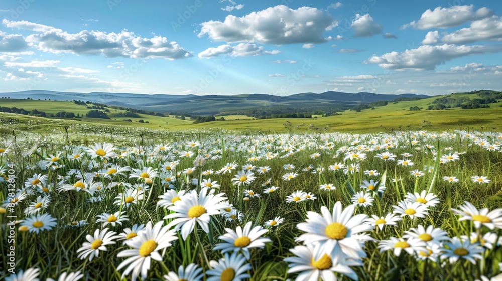 This image represents the beauty and tranquility of nature. The field of daisies, with their bright white blooms, contrasts beautifully against the backdrop of rolling green hills.