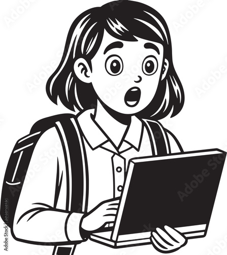 child working on laptop illustration black and white