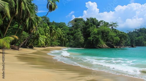 Tropical Beach with Leaning Palm Trees and Turquoise Waters