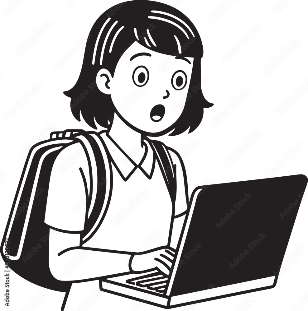 child working on laptop illustration black and white child working on laptop illustration black and white