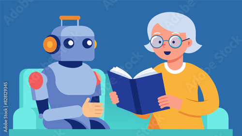A robot assistant reading a book to an elderly woman who has difficulty seeing.. Vector illustration