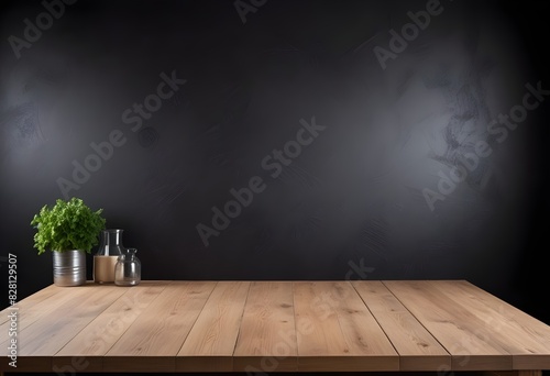empty clean table in front of kitchen, modern interior design. wood, marble, grey, black, white 