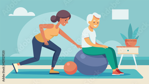 A senior working on core strength and stability by using a stability ball with the supervision and guidance of a physical the.. Vector illustration