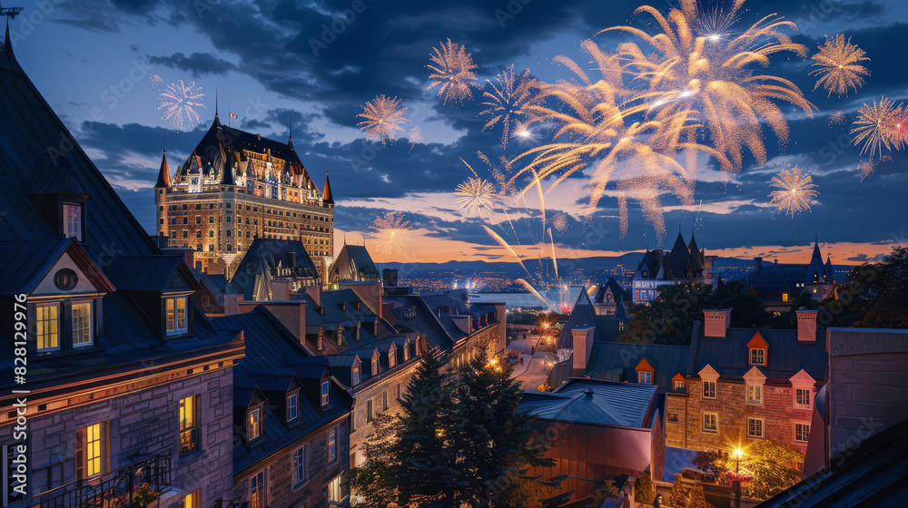 Obraz premium A spectacular fireworks display lights up the night sky over bustling Quebec City in honor of Canada Day
