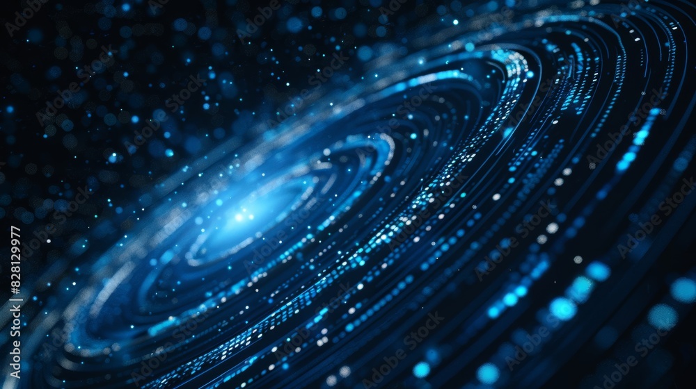 A blue glowing circular light track on the black background, with many particle lines in an arc form floating around it and extending towards it from different directions. The center of which is a bri A blue glowing circular light track on the black background, with many particle lines in an arc form floating around it and extending towards it from different directions. The center of which is a bri